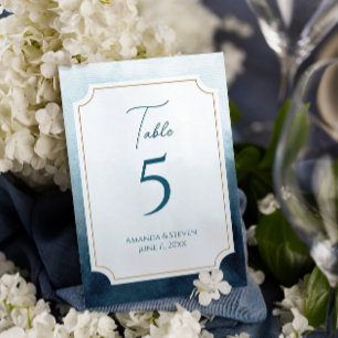 Elegante Blaue Wasserfarbenen Hochzeitsempfang Tischnummer