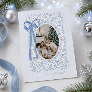 Elegante Blaue Weihnachts-Spitzen-Coquette-Familie Folien Feiertagskarte
