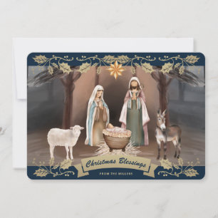 Elegante blaue Weihnachtskrippe Christliche Weihna Feiertagskarte