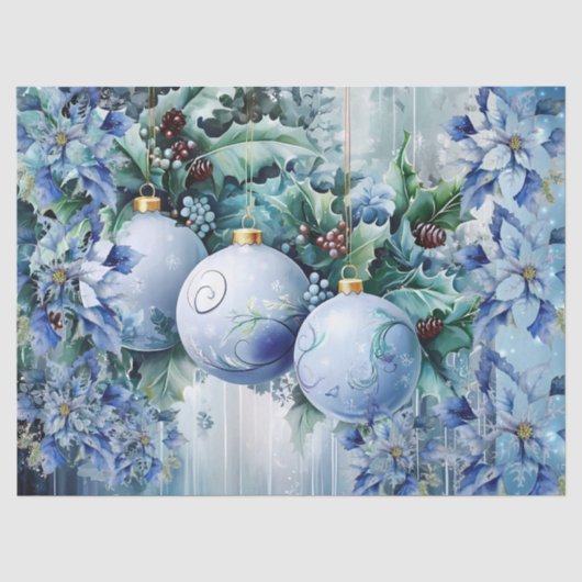 Elegante blaue Weihnachtskugeln, florale Decoupage Seidenpapier (Vorderseite)