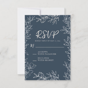 Elegante blaue weiße Botanische Linie Hochzeit RSVP Karte
