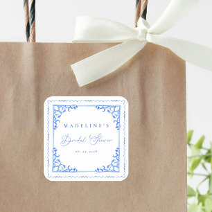 Elegante Blaue Weiße Fliesen-Brautparty Quadratischer Aufkleber