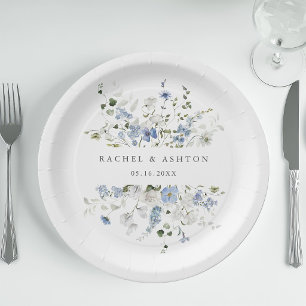 Elegante blaue weiße grüne Blumenhochzeit   Pappteller