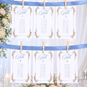 Elegante Blaue Wildblumen-Hochzeit Sitzordnung Tischnummer