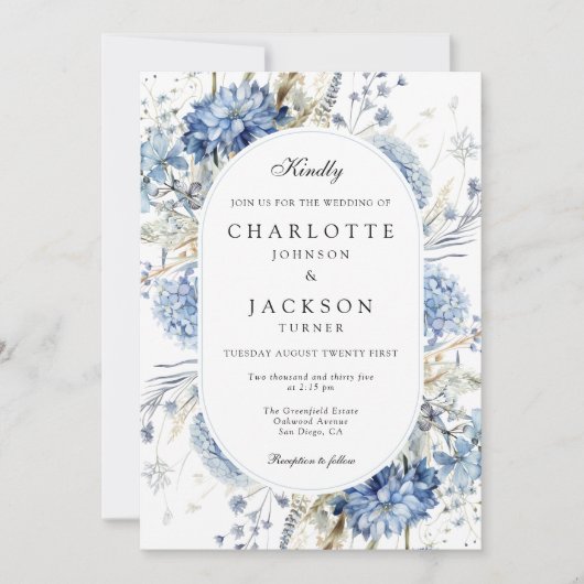 Elegante blaue Wildblumen Hochzeitsfeier mit flora Einladung (Vorderseite)