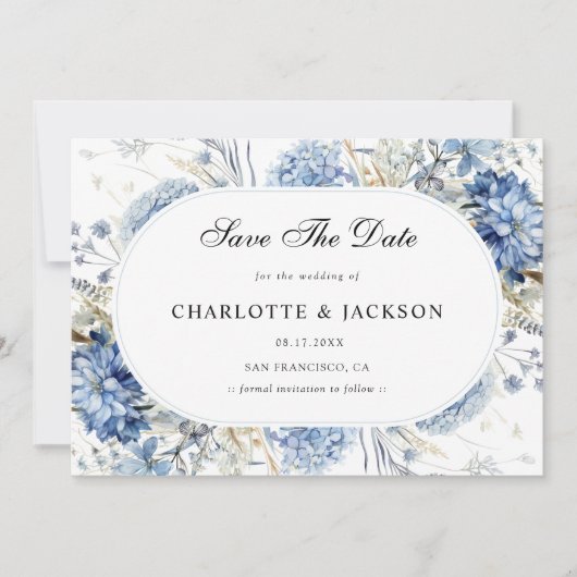 Elegante blaue Wildblumen Hochzeitsfeier mit flora Save The Date (Vorderseite)