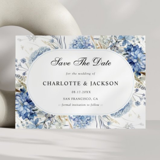 Elegante blaue Wildblumen Hochzeitsfeier mit flora Save The Date