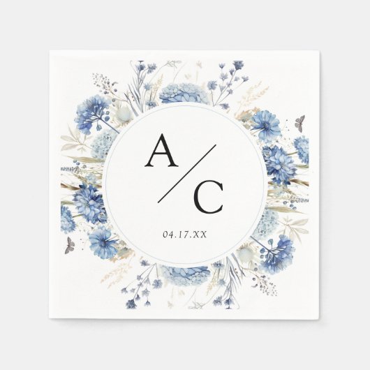 Elegante blaue Wildblumen Hochzeitsfeier mit flora Serviette (Vorderseite)