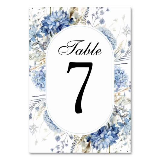 Elegante blaue Wildblumen Hochzeitsfeier mit flora Tischnummer (Rückseite)