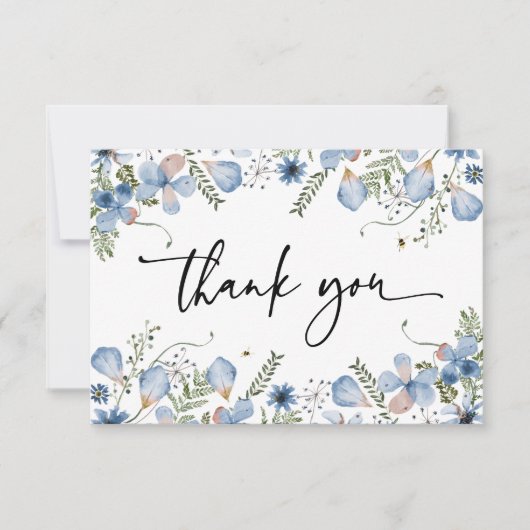 Elegante blaue Wildblumen Wasserfarbe Danke Karte (Vorderseite)