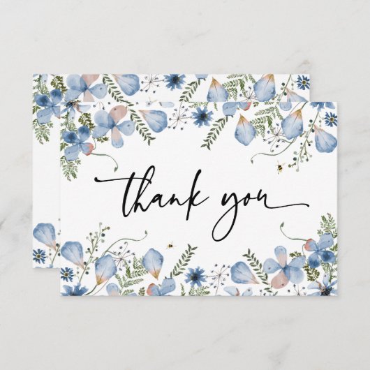 Elegante blaue Wildblumen Wasserfarbe Danke Karte (Vorne/Hinten)