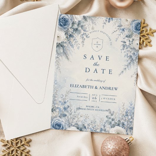 Elegante blaue Winterhochzeit Save The Date