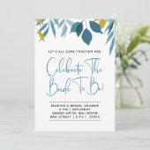 Elegante Blauer Botanischer Brautdusche Einladung (Stehend Vorderseite)