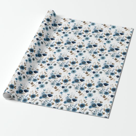 Elegante Blauer Frühling Blumen Geschenkpapier (Ungerollt)