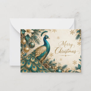 Elegante Blaugrüne und Goldene Pfauen-Weihnachtska Mitteilungskarte