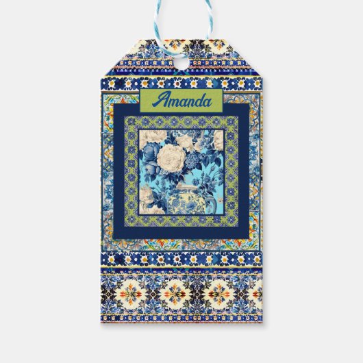 Elegante bläuliche Kachelblume Chinoiserie Monogra Geschenkanhänger (Vorderseite)