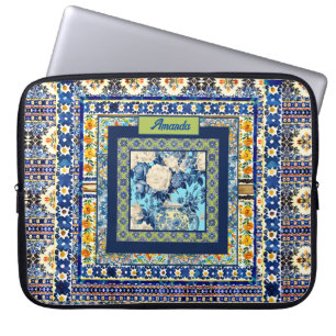 Elegante bläuliche Kachelblume Chinoiserie Monogra Laptopschutzhülle
