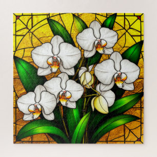 Elegante Bleiglas-Orchideen in Weiß Puzzle