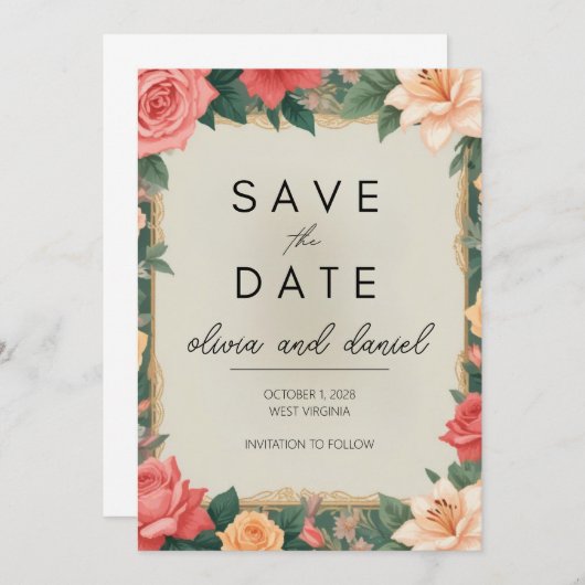 Elegante Bloral Border Save the Date Card (Vorne/Hinten)