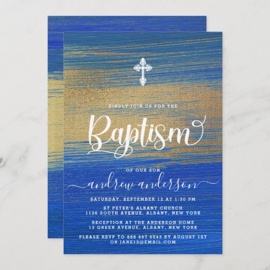 Elegante Blue and Gold Boy Taufe Einladung (Vorne/Hinten)