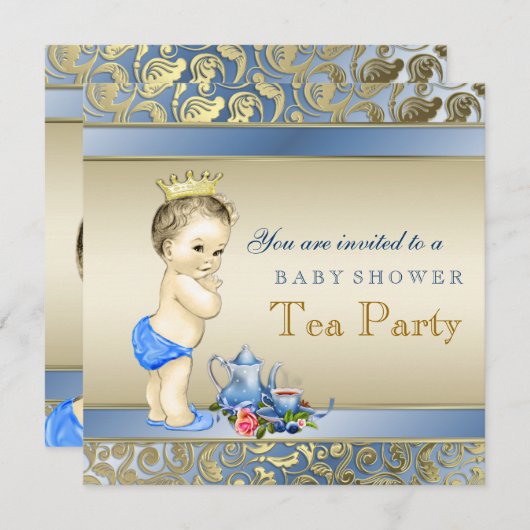 Elegante Blue and Gold Boys Tea Party Baby Dusche Einladung (Vorne/Hinten)