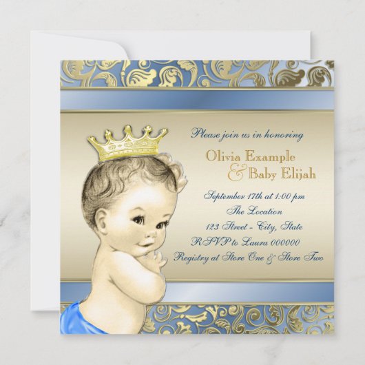 Elegante Blue and Gold Boys Tea Party Baby Dusche Einladung (Rückseite)