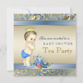 Elegante Blue and Gold Boys Tea Party Baby Dusche Einladung (Vorderseite)