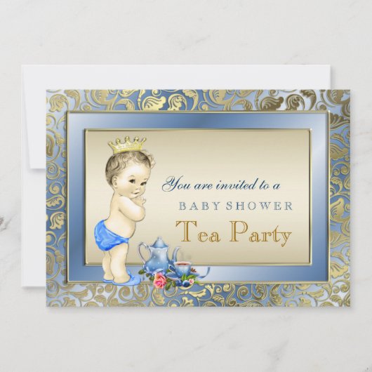 Elegante Blue and Gold Boys Tea Party Baby Dusche Einladung (Vorderseite)