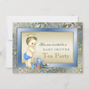 Elegante Blue and Gold Boys Tea Party Babydusche Einladung