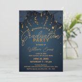 Elegante Blue and Gold Graduation Party mit Foto Einladung (Stehend Vorderseite)