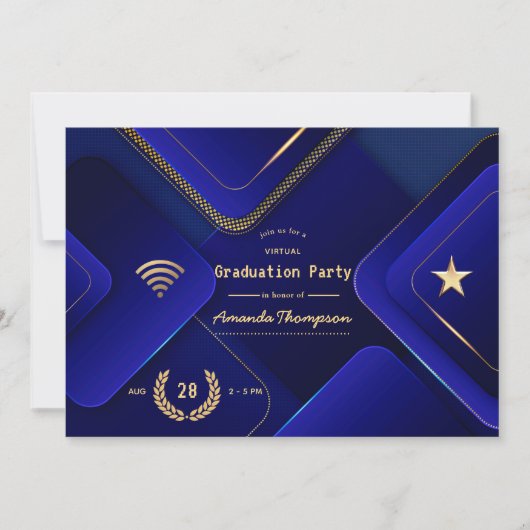 Elegante Blue and Gold Virtual Graduation Party Einladung (Vorderseite)
