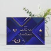 Elegante Blue and Gold Virtual Graduation Party Einladung (Stehend Vorderseite)