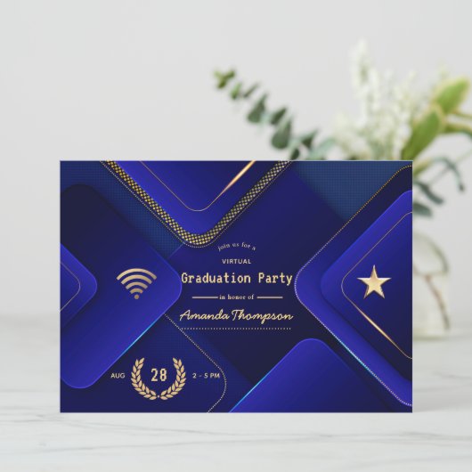 Elegante Blue and Gold Virtual Graduation Party Einladung (Stehend Vorderseite)
