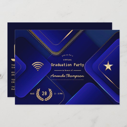 Elegante Blue and Gold Virtual Graduation Party Einladung (Vorne/Hinten)