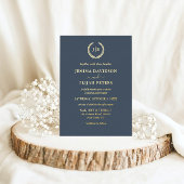 Elegante Blue and Gold Wreath Monogram Wedding Folieneinladung