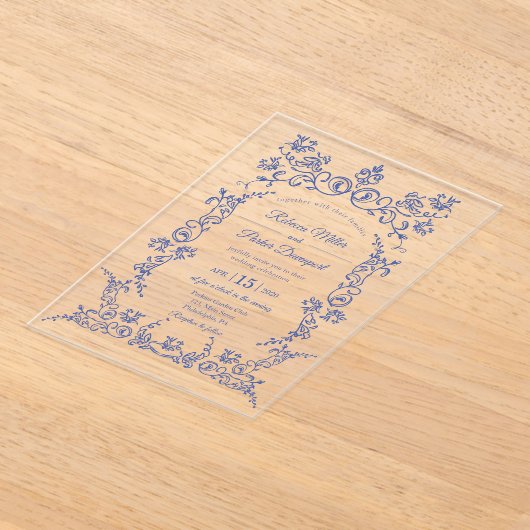 Elegante Blue and White Chinoiserie Hochzeit Acryleinladungen (Ablage )