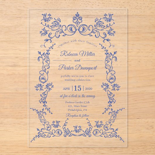 Elegante Blue and White Chinoiserie Hochzeit Acryleinladungen (Vorderseite)