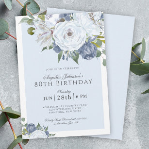 Elegante Blue and White Floral 80. Geburtstagspart Einladung