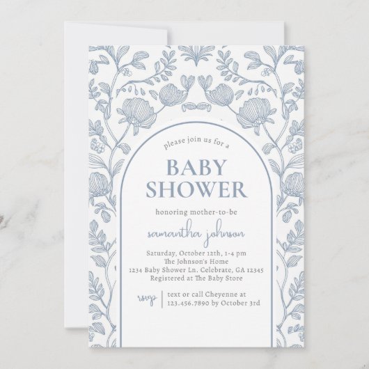 Elegante Blue and White Floral Baby Dusche Einladung (Vorderseite)