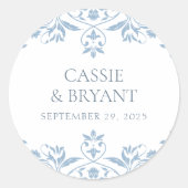 Elegante Blue and White Minimal Wedding Runder Aufkleber (Vorderseite)