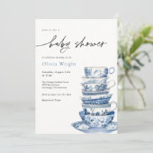 Elegante Blue and White Teacup Baby Dusche Einladung (Stehend Vorderseite)