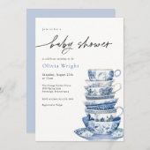 Elegante Blue and White Teacup Baby Dusche Einladung (Vorne/Hinten)