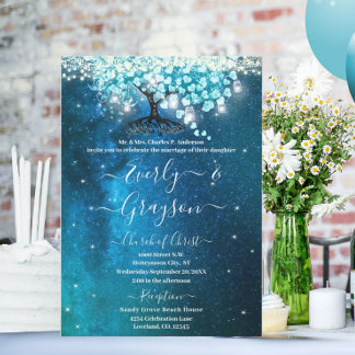 Elegante Blue Aqua Aquamarines Herz Leaf Tree Hoch Einladung