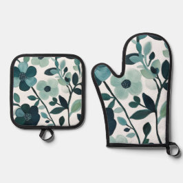 Elegante Blue Aqua Floral Küche Olivenweg Mitt Set
