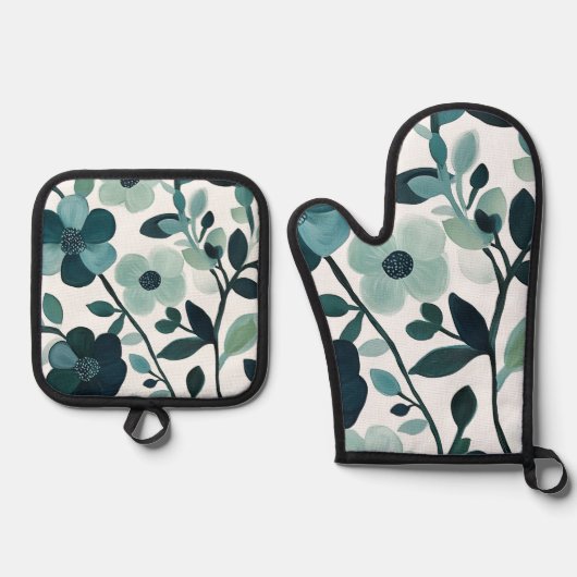 Elegante Blue Aqua Floral Küche Olivenweg Mitt Set (Vorderseite)