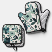 Elegante Blue Aqua Floral Küche Olivenweg Mitt Set (Vorderseite/Rückseite)