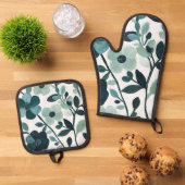 Elegante Blue Aqua Floral Küche Olivenweg Mitt Set (Oben Unten)