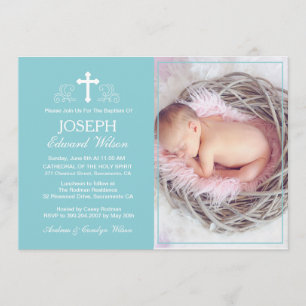 Elegante Blue Baptisse Foto Einladungskarte Einladung