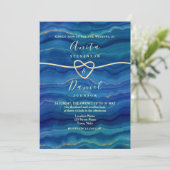 Elegante Blue Beach Wave Gold Wedding Einladung (Stehend Vorderseite)