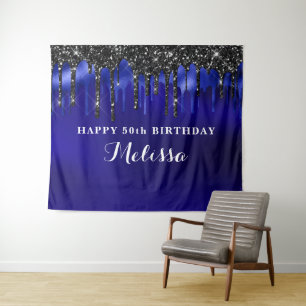 Elegante Blue Black Glitzer Tropfen Geburtstagspar Wandteppich